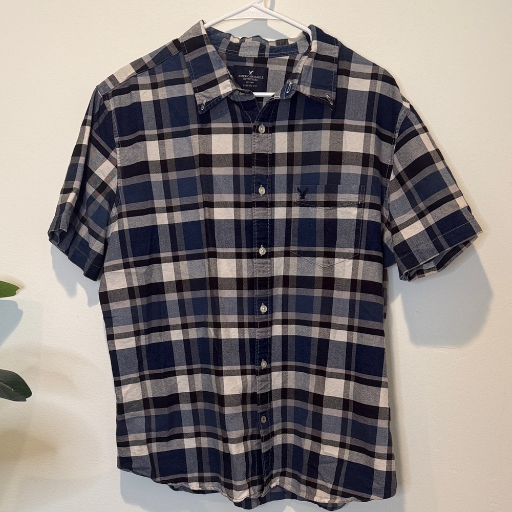 American Eagle Outfitters Men’s Navy and White Plaid Button Down Shirt - XL